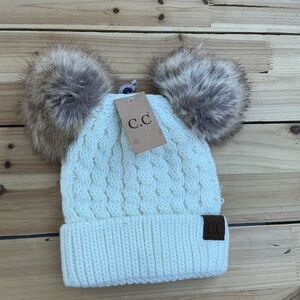 C.C Kids Cream Knit Hat with Faux Fur Pom Poms